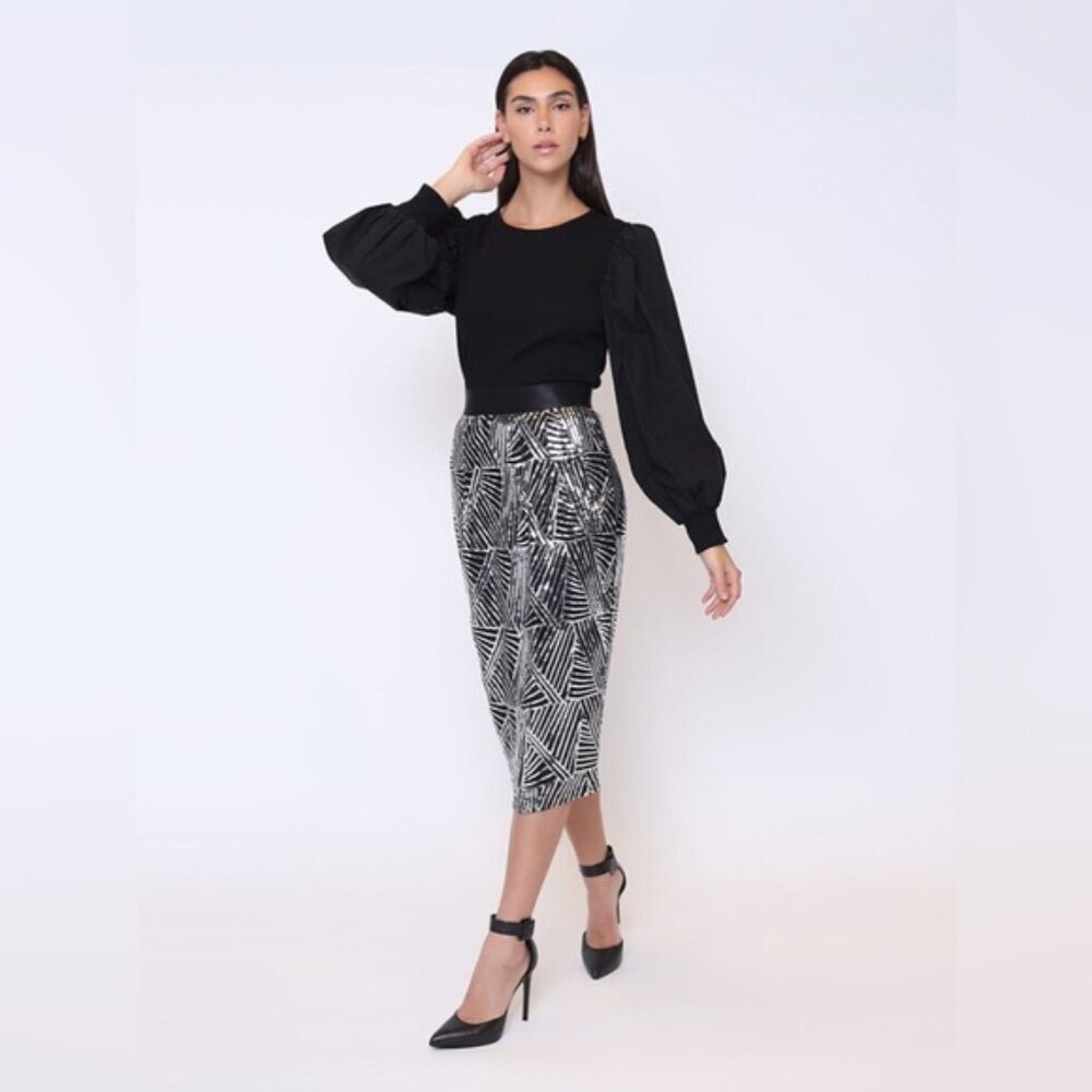 GRACIA Long Puff Sleeve Knit Black‎ Pullover Top Style T31561 Size SMALL